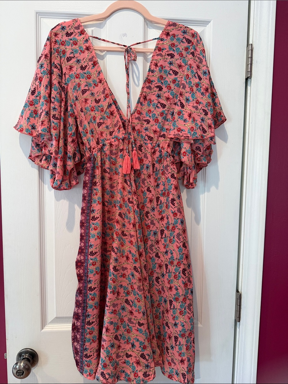 India Boutique Coral Floral Midi Dress with Teal Accents - Picture 3 of 7